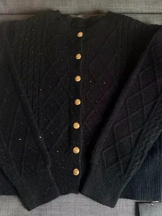 NWT Black Knit Set Gold Button Sparkle Elegant Outfit M - Picture 5 of 8